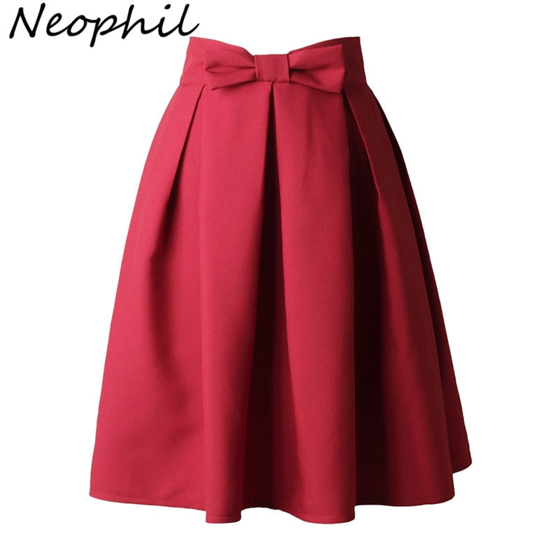 Neophi 2019 Causual Bow Pleated Women Skater Skirts Knee Length