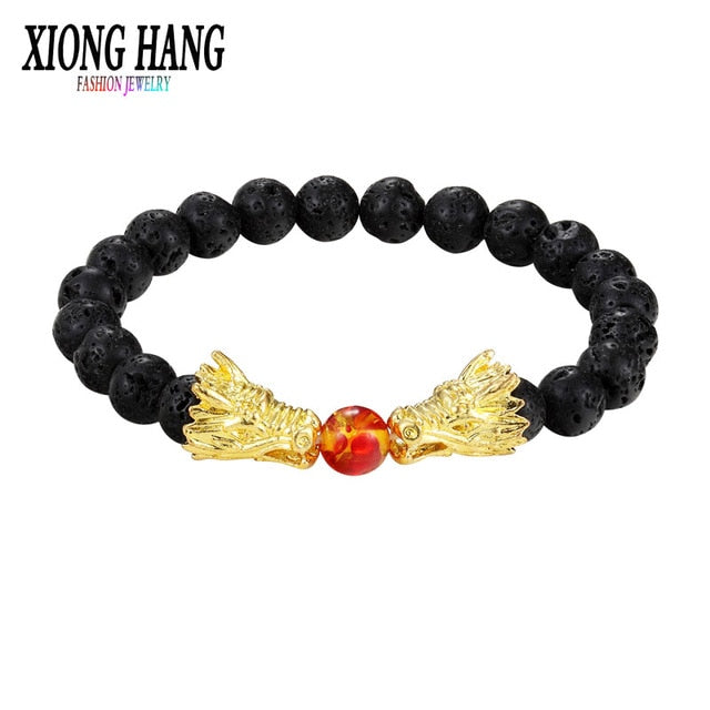 Xiong Hang Fashion Black And White Beads Bracelet Natural Stone Black lava Bead Two Dragon Play