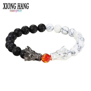 Xiong Hang Fashion Black And White Beads Bracelet Natural Stone Black lava Bead Two Dragon Play