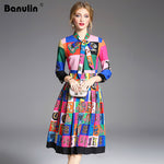 Banulin Autumn Women Pleated Dresses Runway 2018 High Quality Long Sleeve Floral Print