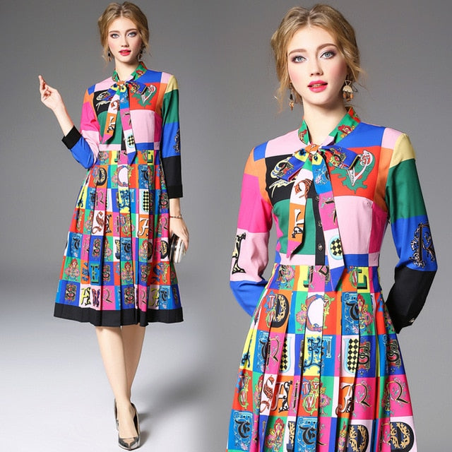 Banulin Autumn Women Pleated Dresses Runway 2018 High Quality Long Sleeve Floral Print