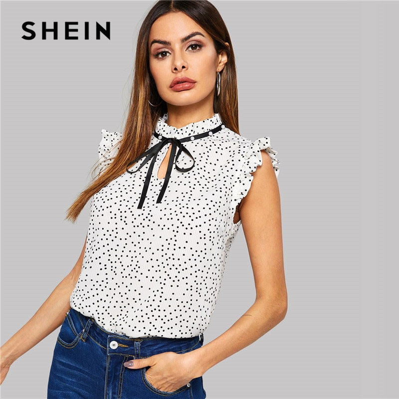 SHEIN White Polka Dot Ruffle Sleeveless Pearls Bow Stand Collar Blouse