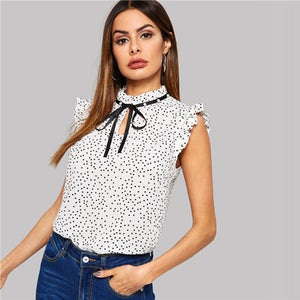 SHEIN White Polka Dot Ruffle Sleeveless Pearls Bow Stand Collar Blouse