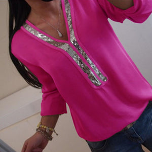 Women's Sequin Large Blouse 2019 Spring V Neck Chiffon Long Sleeve Casual Tops