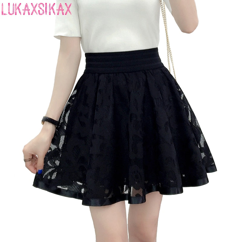 Black Mini Skirt Elastic High Waist Skirt Shorts Sweet Mesh Tulle Umbrella Style