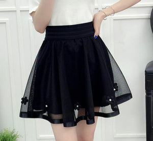 Black Mini Skirt Elastic High Waist Skirt Shorts Sweet Mesh Tulle Umbrella Style