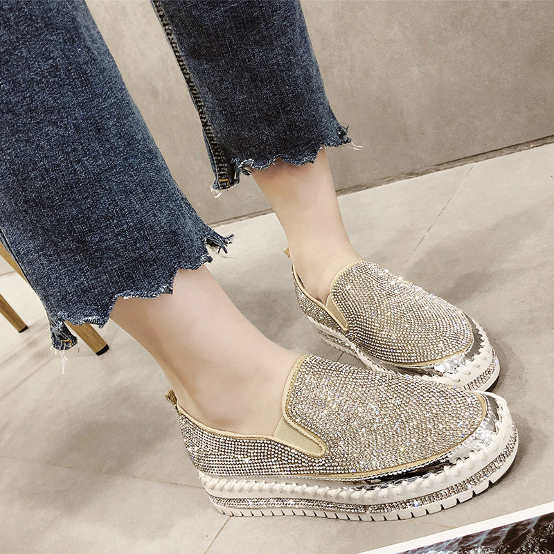 Rimocy Loafers Shoes Women Luxury Silver Crystal Slip On Platform Everyday Casual