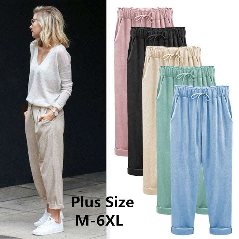 Harem Women Casual Pants Loose Cotton Linen Plus Size  Candy Color