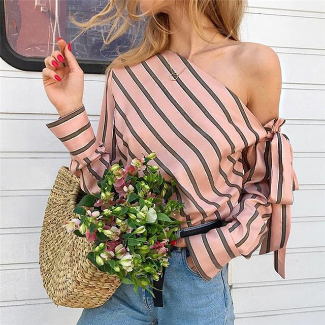 Women New Striped Loose Blouse Elegant Tops Long Sleeve Chic