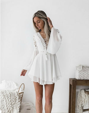 Women White Summer Bohemian Mini Dress V-Neck Long Sleeve Solid Color