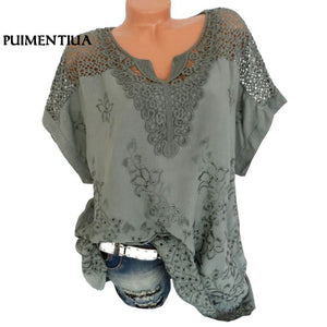 Women Summer Lace Hollow Out  Blouse Short Sleeve Casual Loose Shirts