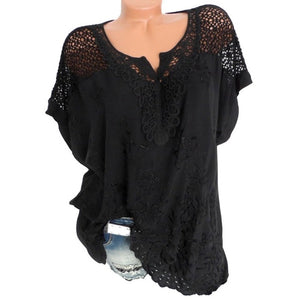 Women Summer Lace Hollow Out  Blouse Short Sleeve Casual Loose Shirts