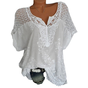 Women Summer Lace Hollow Out  Blouse Short Sleeve Casual Loose Shirts