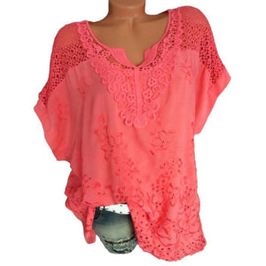 Women Summer Lace Hollow Out  Blouse Short Sleeve Casual Loose Shirts