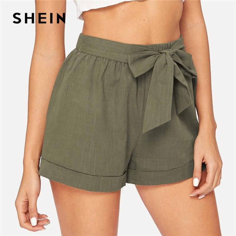 SHEIN Self Belted Elastic Waist Shorts  Army Green Solid Mid Waist  2019 Fashion