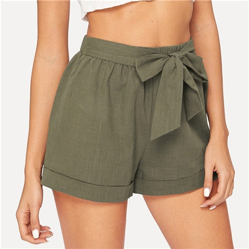 SHEIN Self Belted Elastic Waist Shorts  Army Green Solid Mid Waist  2019 Fashion