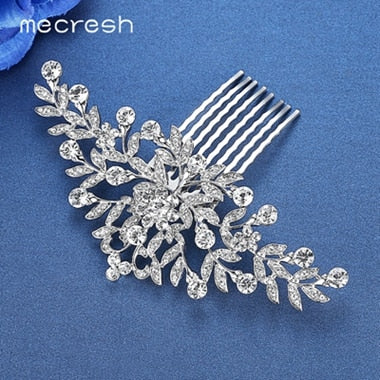 Mecresh Silver Color Rhinestone Flower Leaf Hair Ornaments