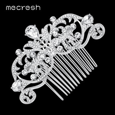 Mecresh Silver Color Rhinestone Flower Leaf Hair Ornaments