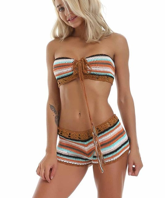 Women Sexy Striped Crochet Set Summer Swimwear By BOHO