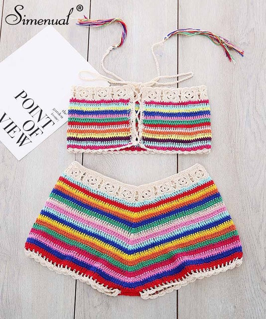 Women Sexy Striped Crochet Set Summer Swimwear By BOHO