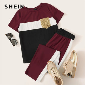 2019 SHEIN Sequin Pocket Patched Color block Top and Pants Set Short Sleeve Two Piece Set