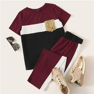 2019 SHEIN Sequin Pocket Patched Color block Top and Pants Set Short Sleeve Two Piece Set