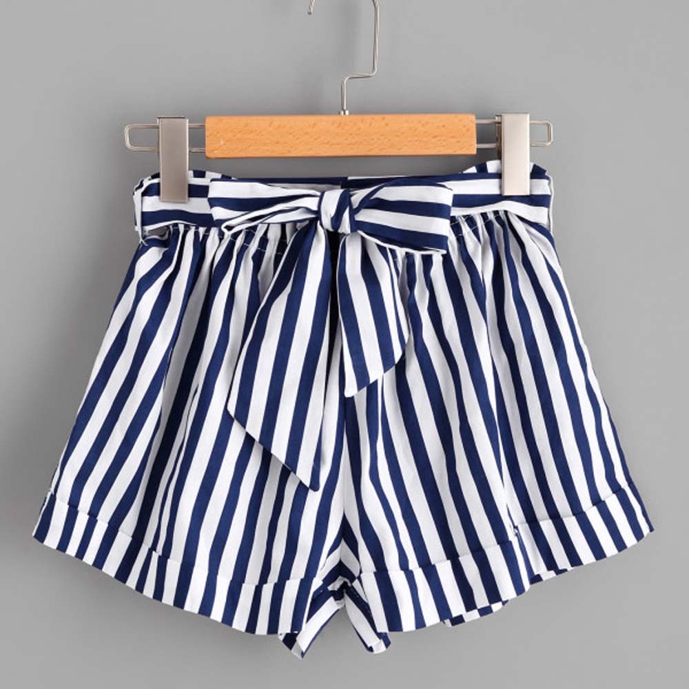 Womail Women Vertical Blue/ White  Stripe Loose  Shorts Casual Trend