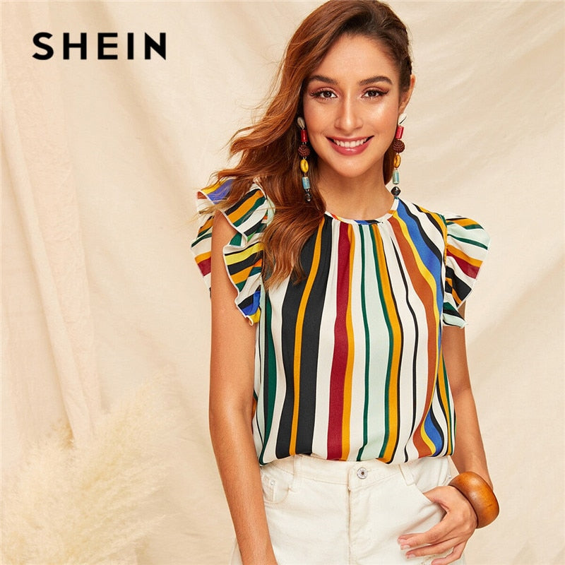 SHEIN Ruffle Armhole Striped Summer Blouse