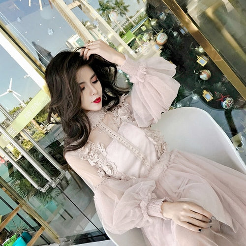 2019 New Women Fashion Dress Stand Collar Lantern Sleeve Mesh See-through Lace