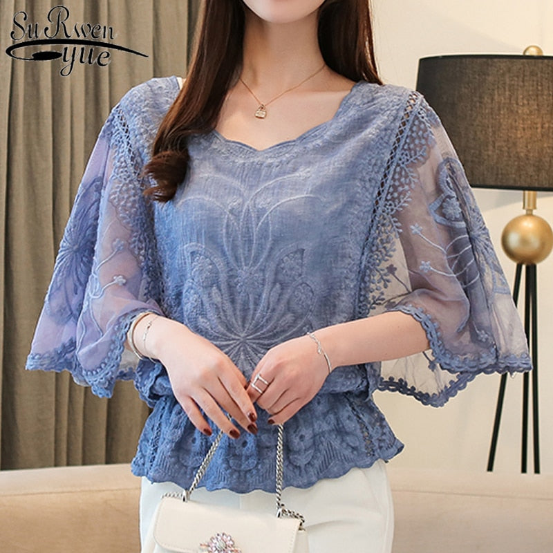 Fashion Woman Blouses 2019 Summer New Chiffon Blouse Cotton Edge Lace