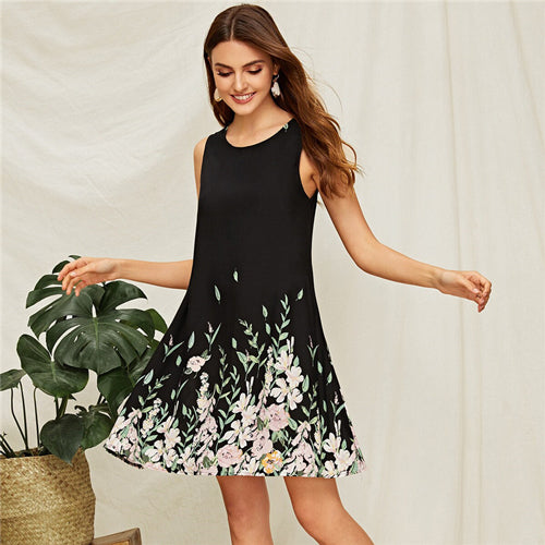 SHEIN Flower And Leaf Print Trapeze Summer Dress