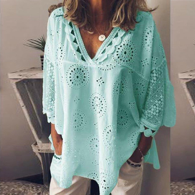 Women blouse Hollow Out Lace Patchwork Tops Plus Size 5xl Geometric Design