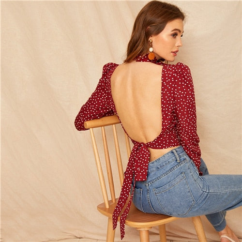 SHEIN Sexy Bow Knot Open Back Polka Dot Print Crop Blouse