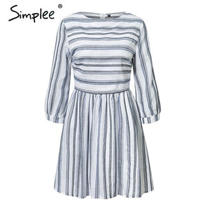 Women summer cotton dress elegant Striped O neck A-Line Short