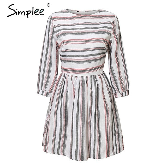 Women summer cotton dress elegant Striped O neck A-Line Short