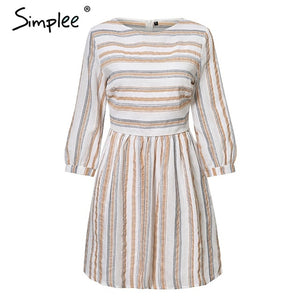 Women summer cotton dress elegant Striped O neck A-Line Short