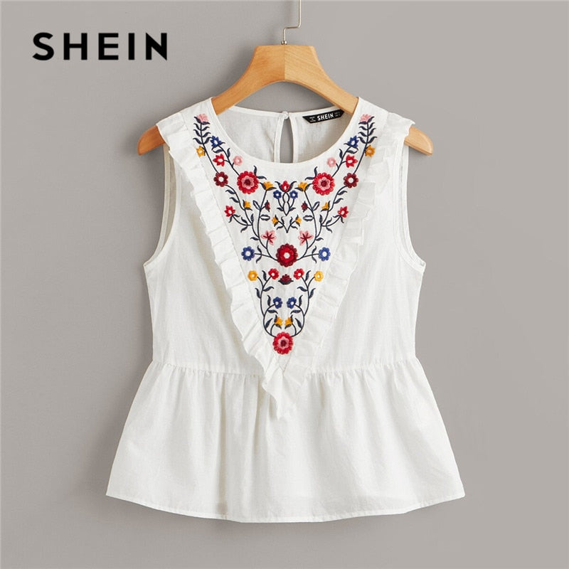 SHEIN Ruffle Trim Embroidery Print Peplum White Blouse Cotton Cute Solid Tops