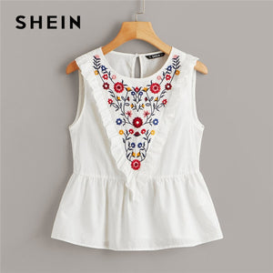 SHEIN Ruffle Trim Embroidery Print Peplum White Blouse Cotton Cute Solid Tops