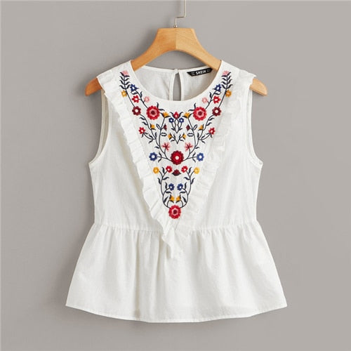 SHEIN Ruffle Trim Embroidery Print Peplum White Blouse Cotton Cute Solid Tops