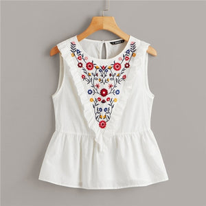 SHEIN Ruffle Trim Embroidery Print Peplum White Blouse Cotton Cute Solid Tops