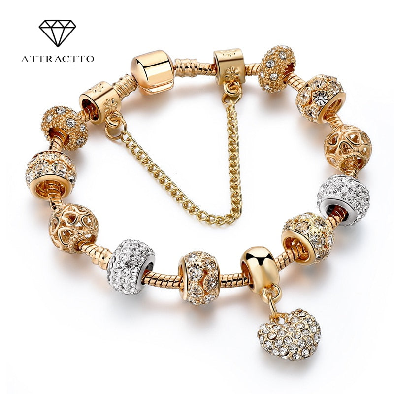 ATTRACTTO Luxury Crystal Heart Charm Bracelets & Bangles Gold Bracelets For Women