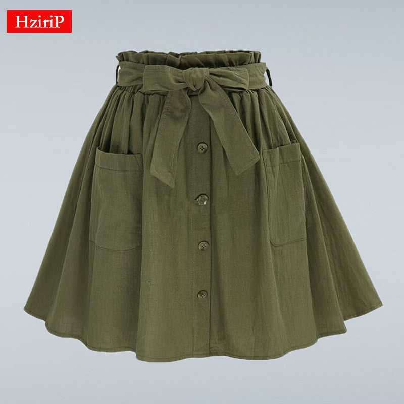 HziriP Women Skirts Vintage High Waist Pocket Solid Bow Belt Mini Skirt