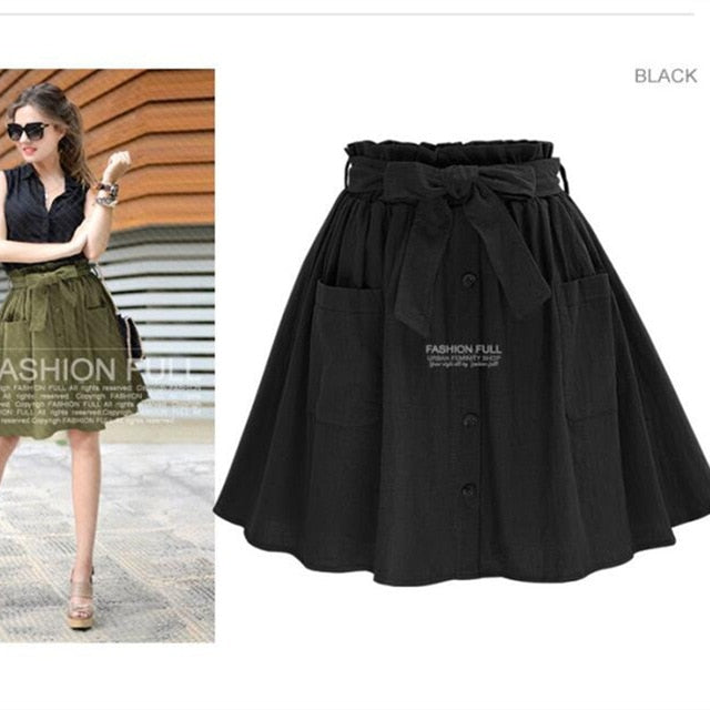 HziriP Women Skirts Vintage High Waist Pocket Solid Bow Belt Mini Skirt