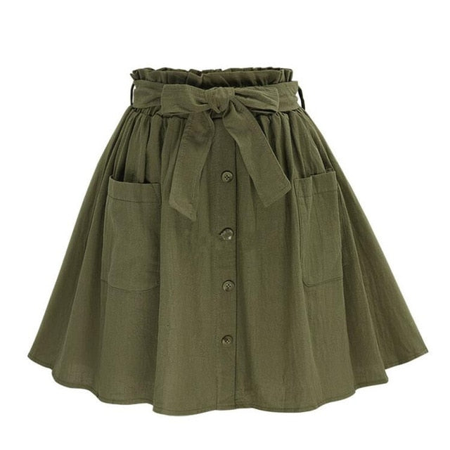 HziriP Women Skirts Vintage High Waist Pocket Solid Bow Belt Mini Skirt