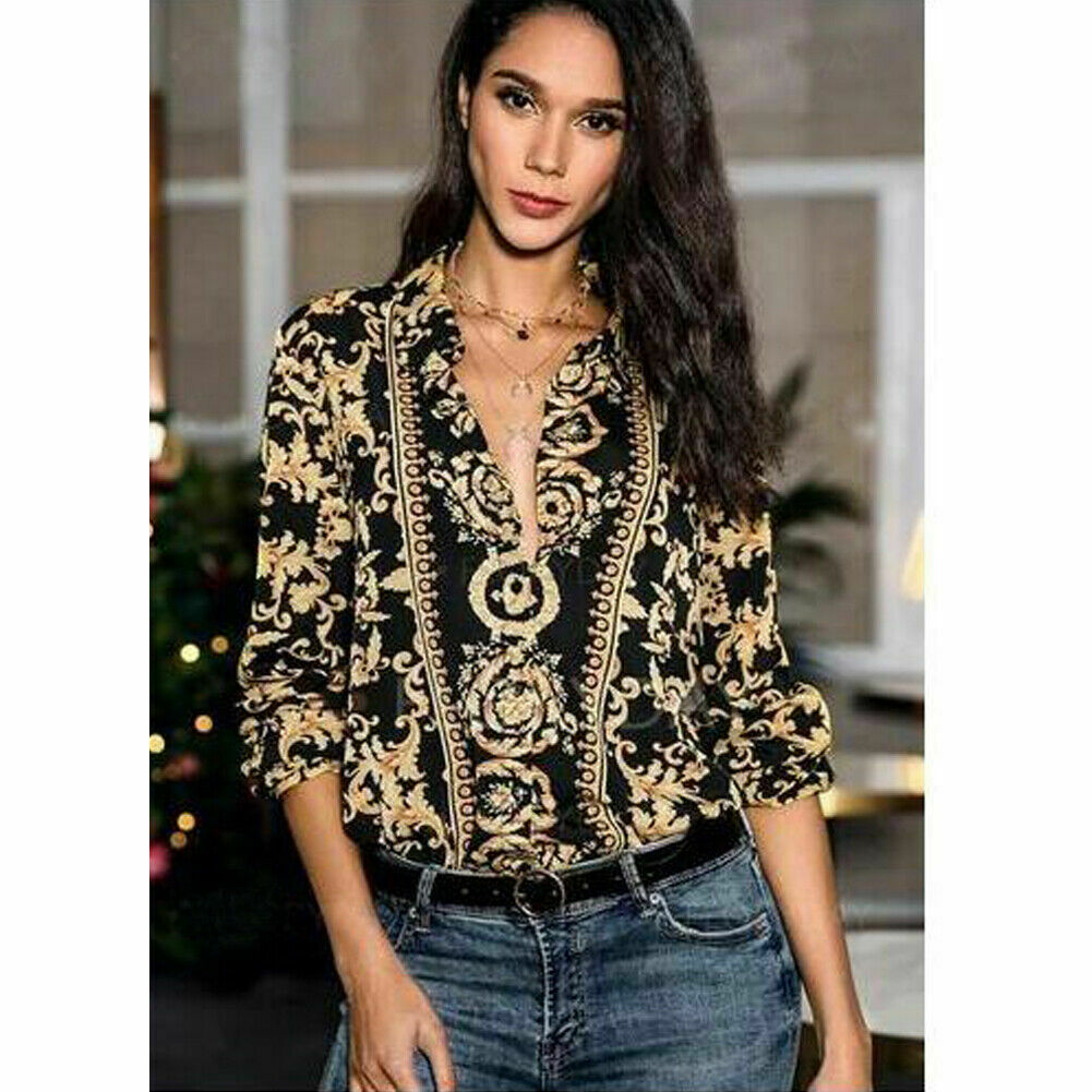 Womens V Neck Floral Elegant Collar Long Sleeve Loose Shirt