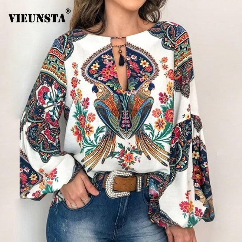 VIEUNSTA 2019 Boho Blouse Floral Print Lantern Sleeve Shirt Sexy Lace-up Tassel O Neck