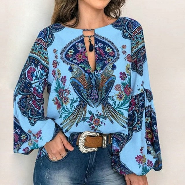 VIEUNSTA 2019 Boho Blouse Floral Print Lantern Sleeve Shirt Sexy Lace-up Tassel O Neck