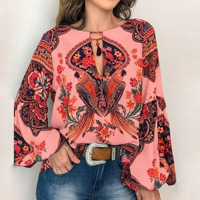 VIEUNSTA 2019 Boho Blouse Floral Print Lantern Sleeve Shirt Sexy Lace-up Tassel O Neck