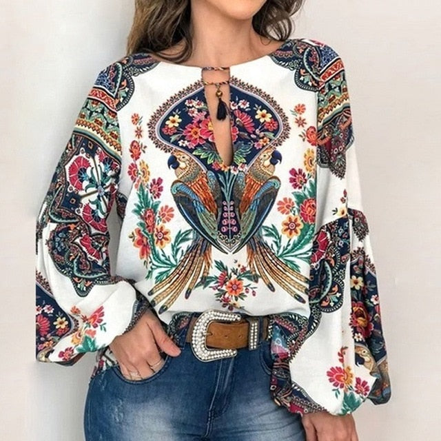 VIEUNSTA 2019 Boho Blouse Floral Print Lantern Sleeve Shirt Sexy Lace-up Tassel O Neck