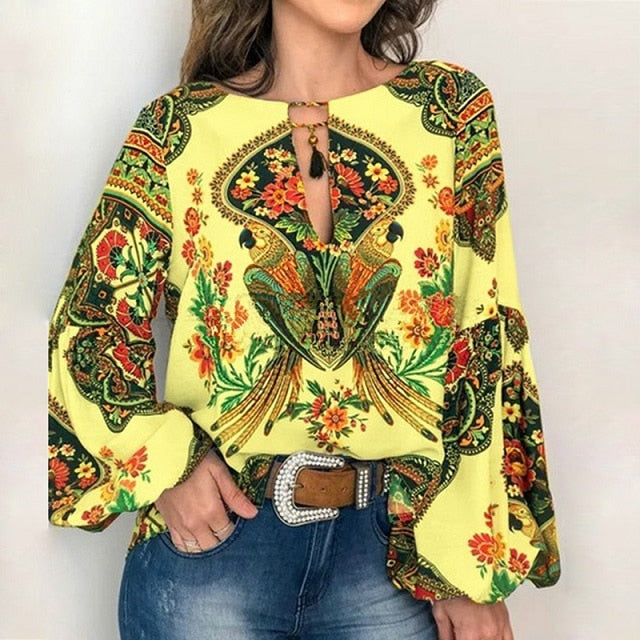 VIEUNSTA 2019 Boho Blouse Floral Print Lantern Sleeve Shirt Sexy Lace-up Tassel O Neck